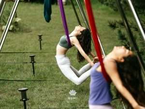 Bumi Festival 2024 Linda Aerial Yoga Instructor Guides participants in yoga that defies gravity.